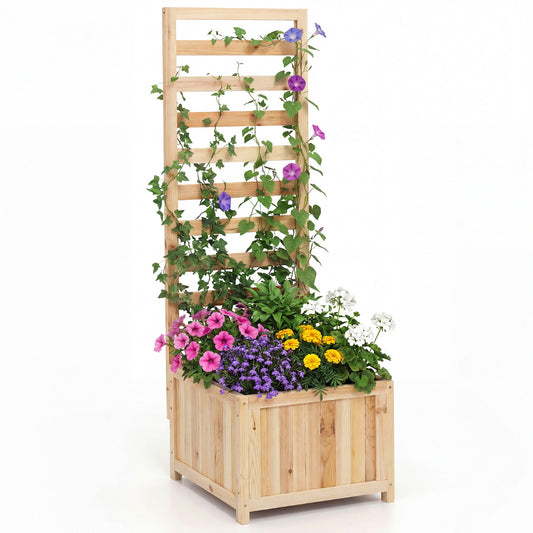 123 cm Tall Elevated Planter Box filled with colourful flowers and climbing vines on a trellis