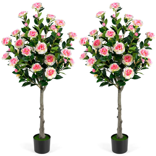 125 CM Artificial Camellia Tree Set of 2 with 54 Blossoms for Home, showing two trees with pink and white flowers