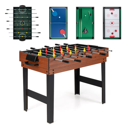 The multi games table with the foosball top in place and the other three game tops above