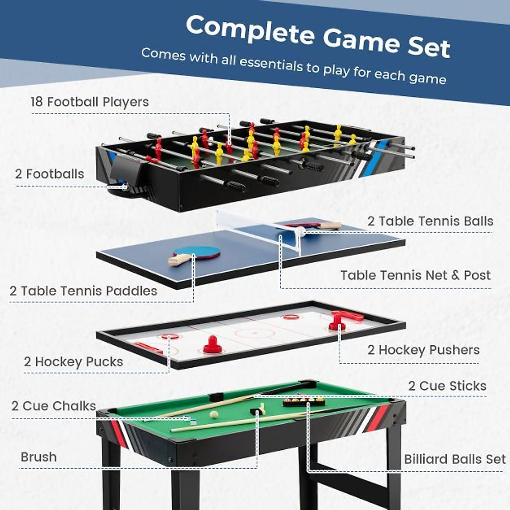 All the accessories included with the 4-in-1 multi games table laid out