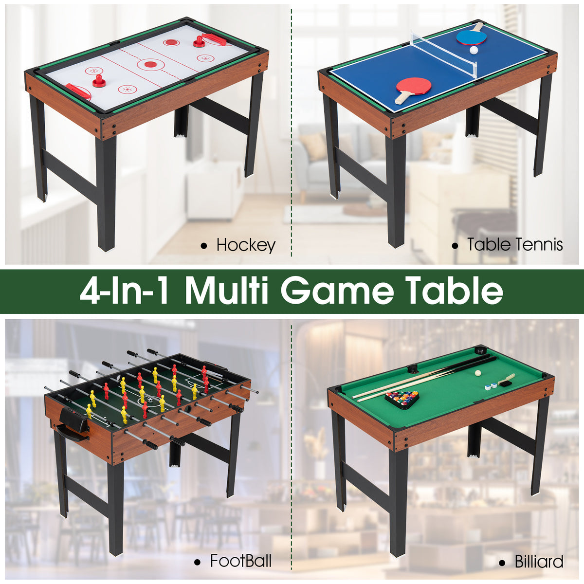 Four game options on the multi games table: hockey, table tennis, football, and billiard