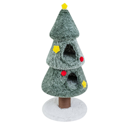 A green Christmas cat tree shaped like a fir tree with two openings and red and yellow star details
