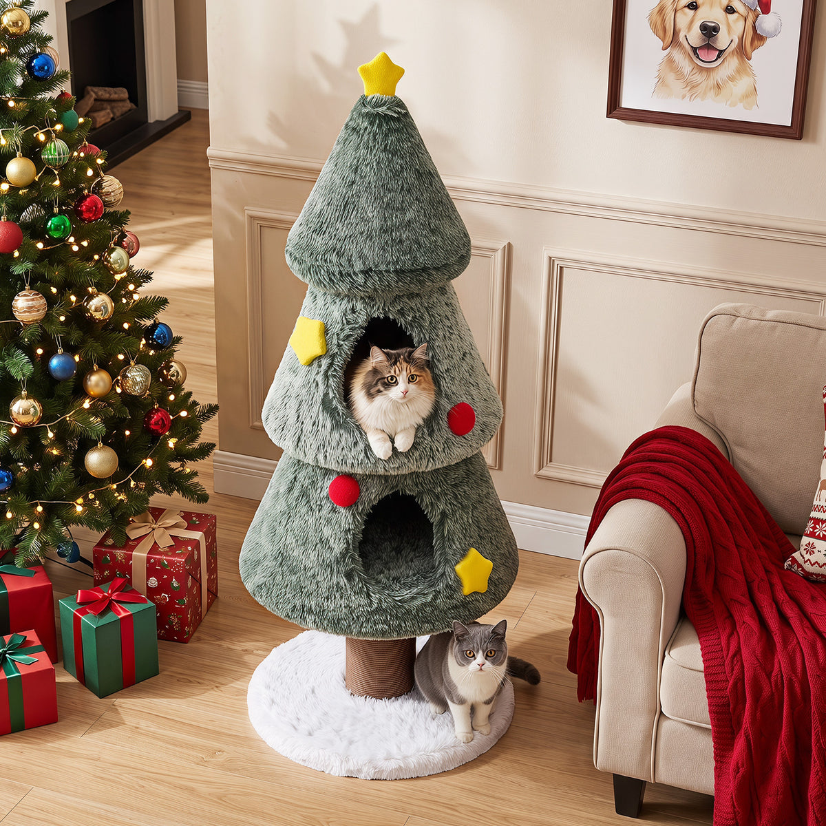 This Christmas cat tree is in a festive room with a Christmas tree and presents
