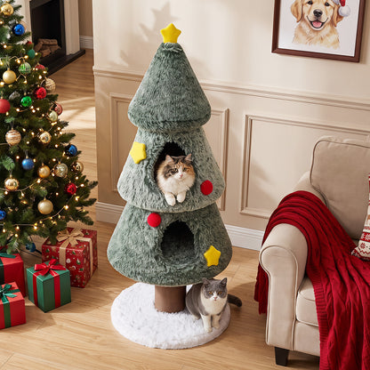 This Christmas cat tree is in a festive room with a Christmas tree and presents