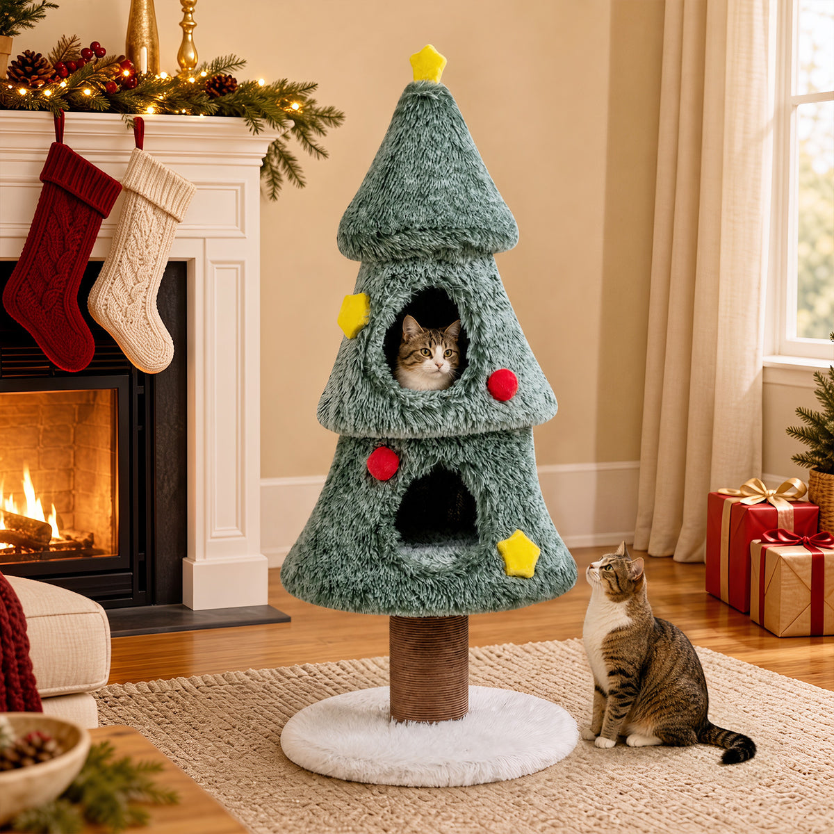 The Christmas cat tree is shown in a cosy living room with a fireplace and stockings