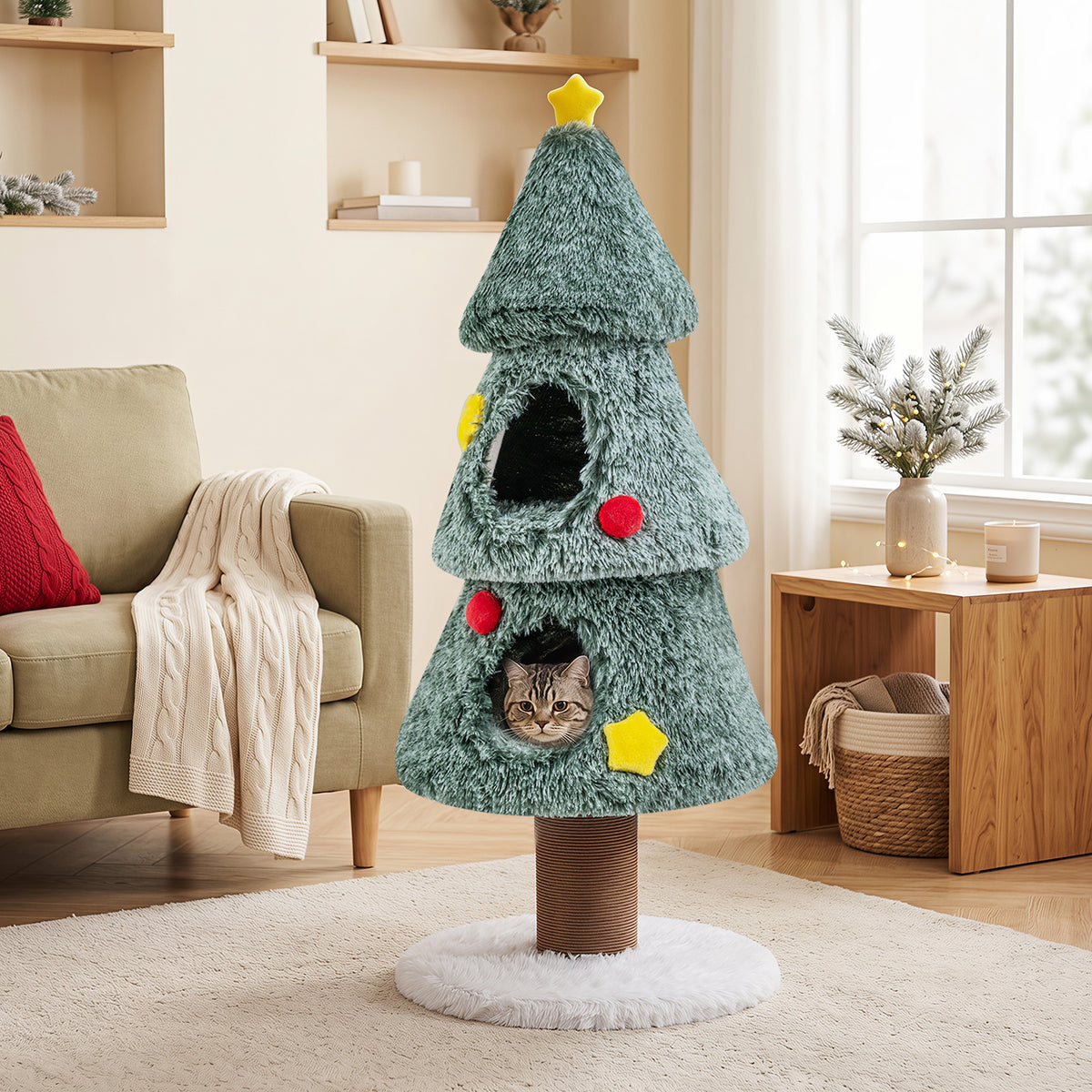 The Christmas cat tree is placed in a bright living room with a sofa