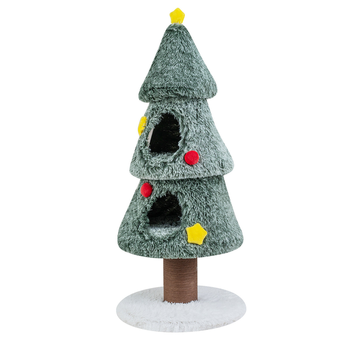 A green Christmas cat tree with two levels and yellow star decorations