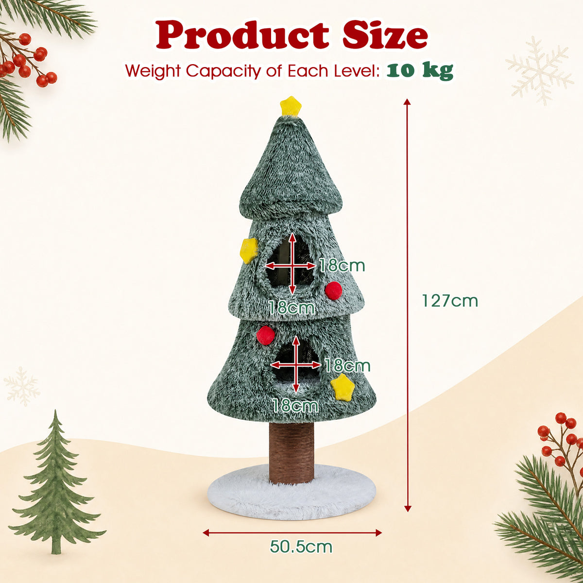 Product size diagram for the Christmas cat tree showing dimensions