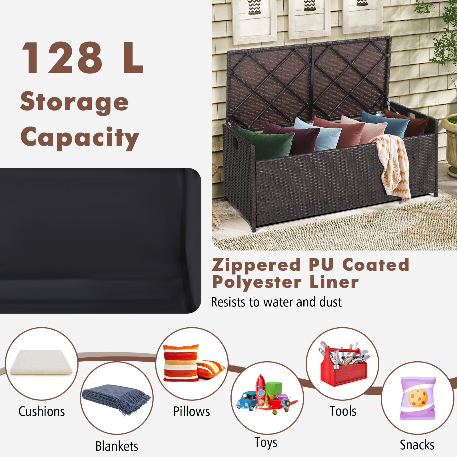128L Patio Storage Bench with Cushion and Zippered Liner