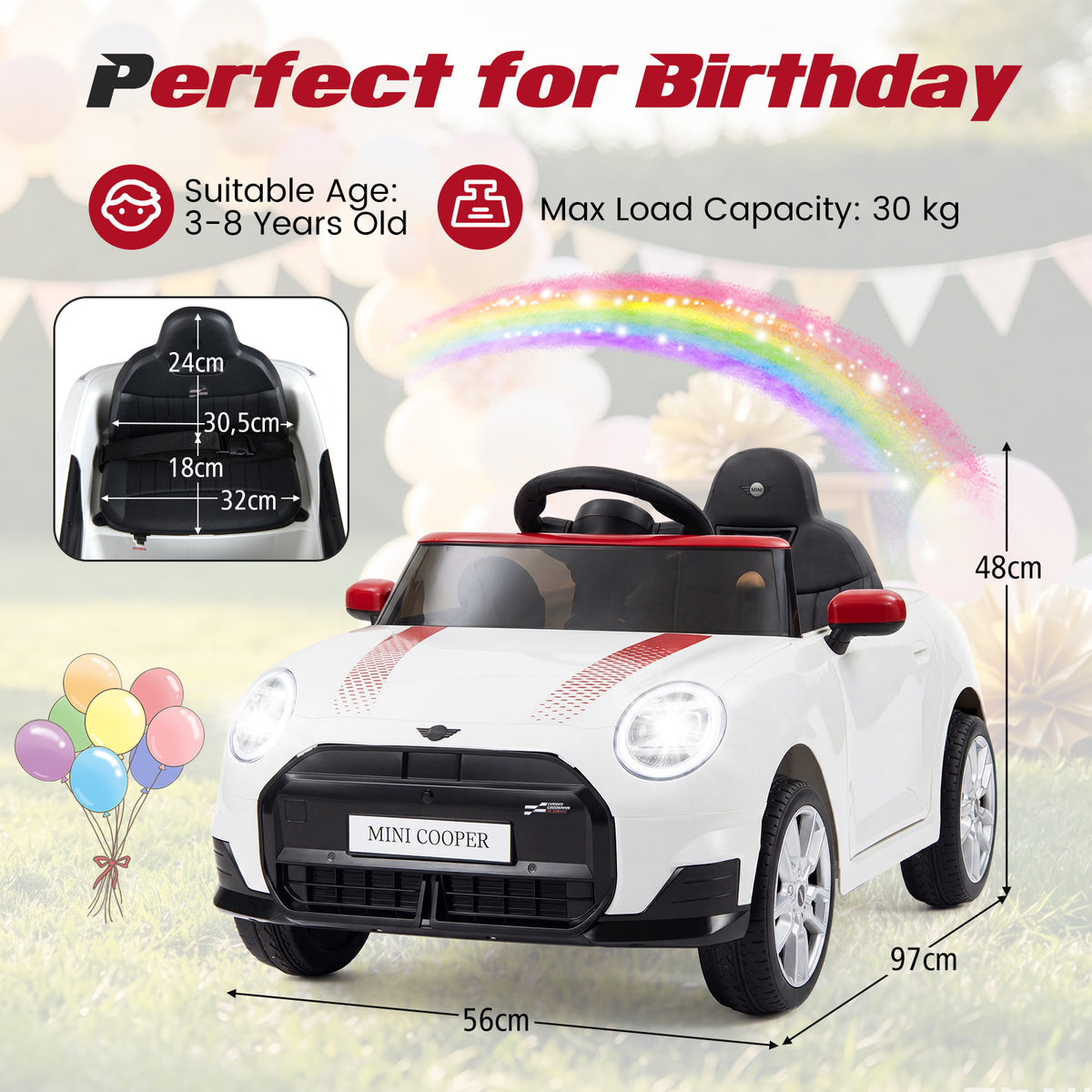 The white kids electric car with dimensions shown for seat and overall size