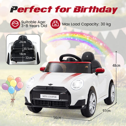 The white kids electric car with dimensions shown for seat and overall size