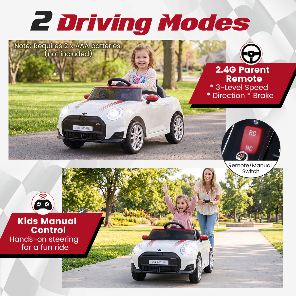 Two modes of driving for the kids electric car, parent remote and manual control