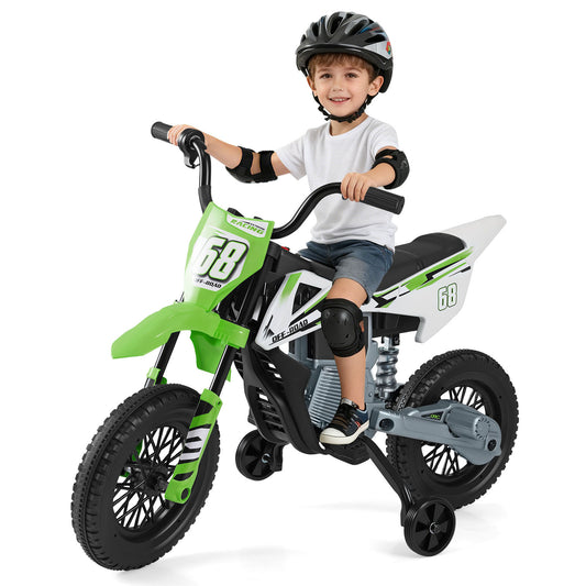 12V Kids Dirt Bike with a young boy wearing a helmet and pads sitting on the green electric motorbike