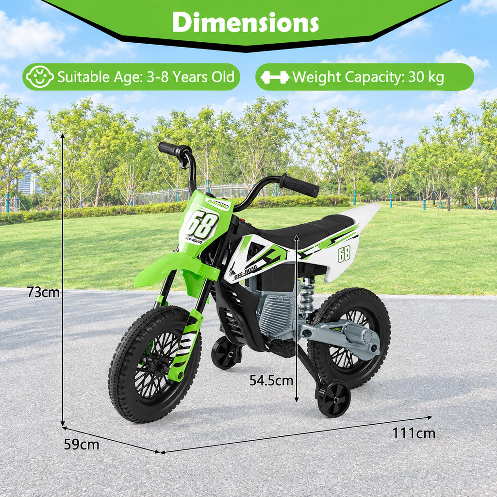 The kids electric motorbike with overlaid arrows and text showing the product dimensions
