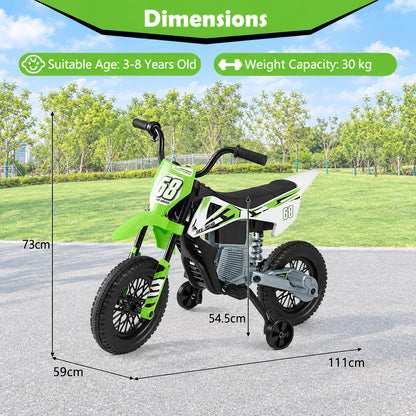 The kids electric motorbike with overlaid arrows and text showing the product dimensions