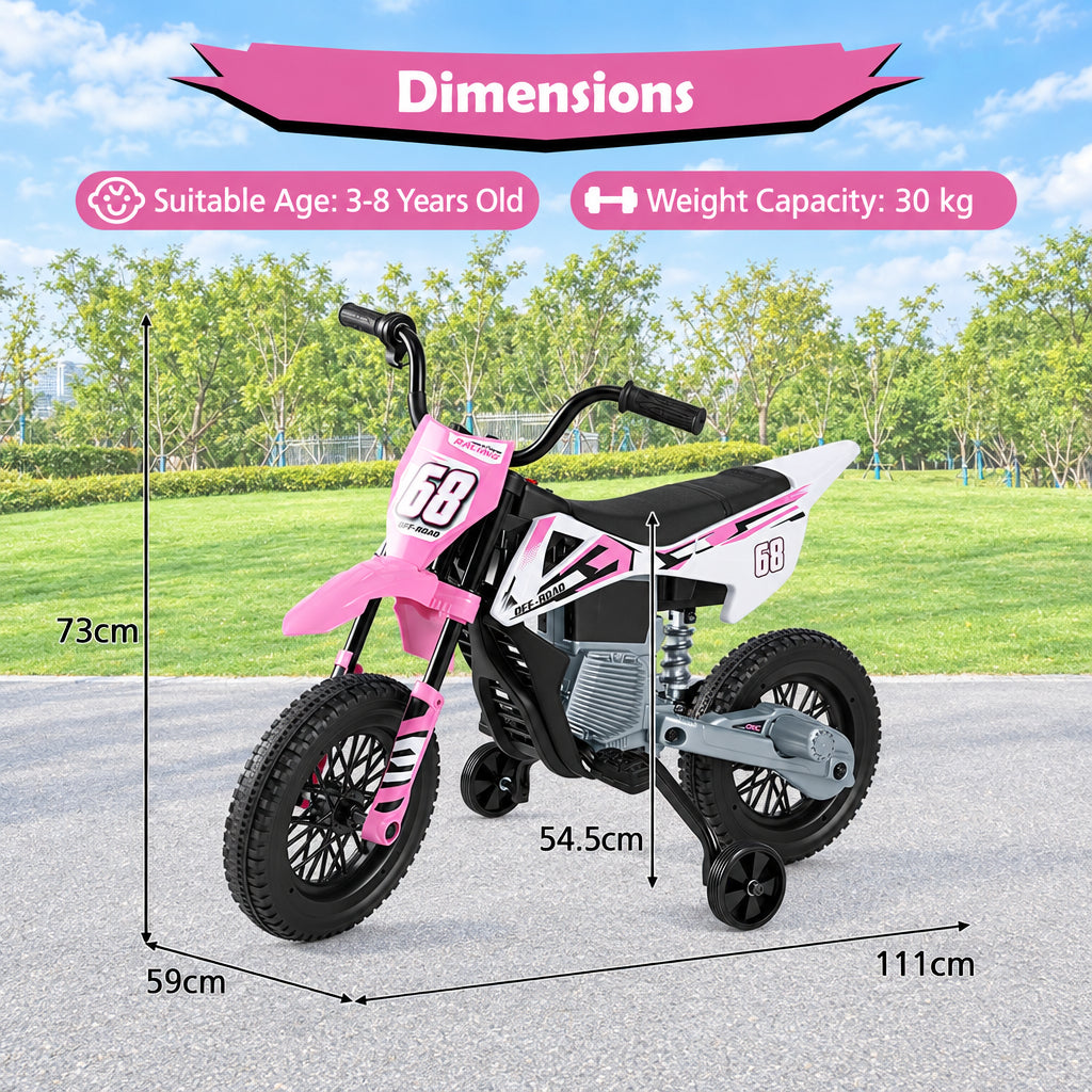 The electric motorbike shown with annotated height and width measurements on a park background