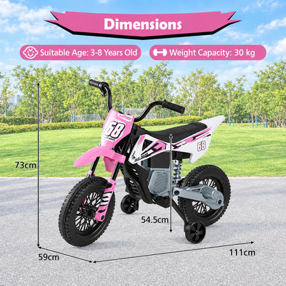 The electric motorbike shown with annotated height and width measurements on a park background