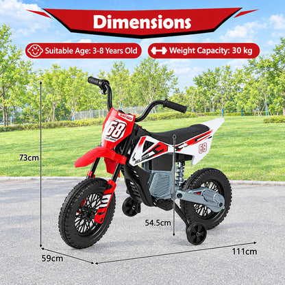 Dimensions diagram for the red and white kids electric motorbike showing height and length