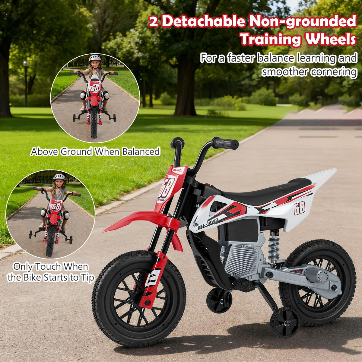 Diagram showing the training wheels on the red and white kids electric motorbike