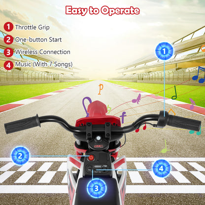 Close up of the handlebars of the kids electric motorbike showing controls and music function