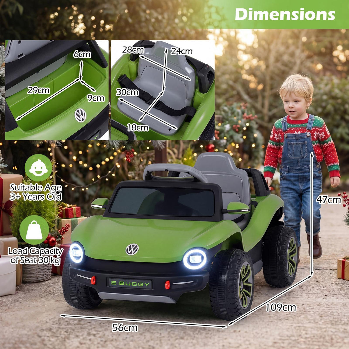 The kids electric car with various size measurements and interior storage details