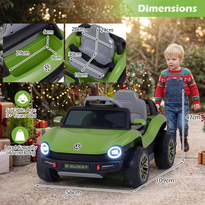 The kids electric car with various size measurements and interior storage details