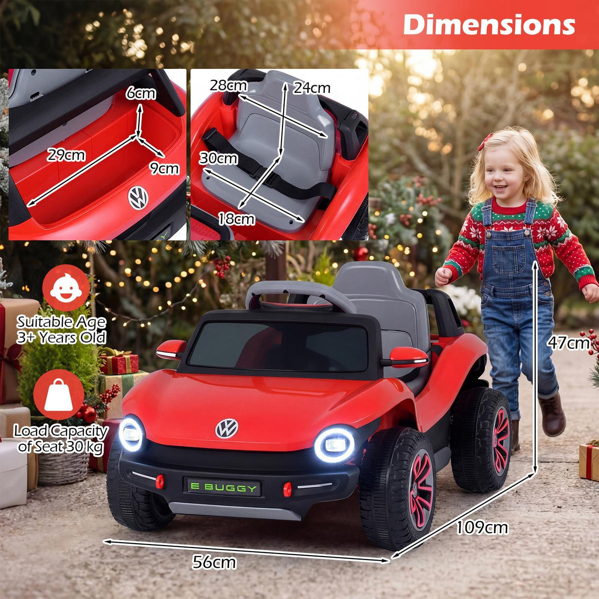 Dimensions of the red electric ride on car with a child standing next to it