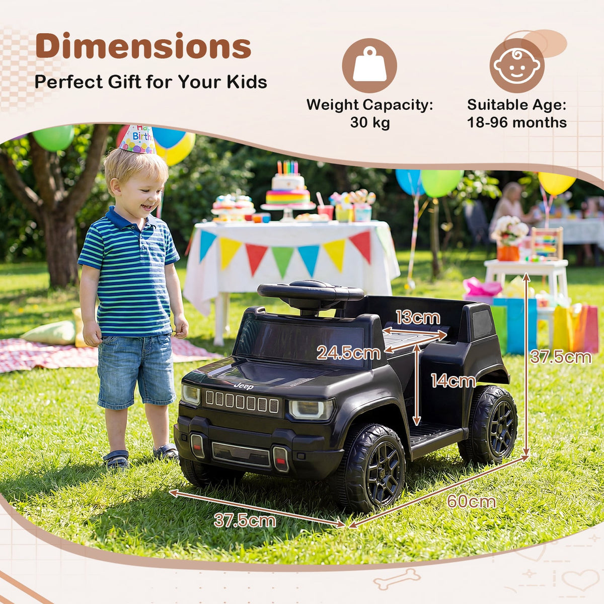 Dimensions diagram showing a child standing next to the black electric jeep