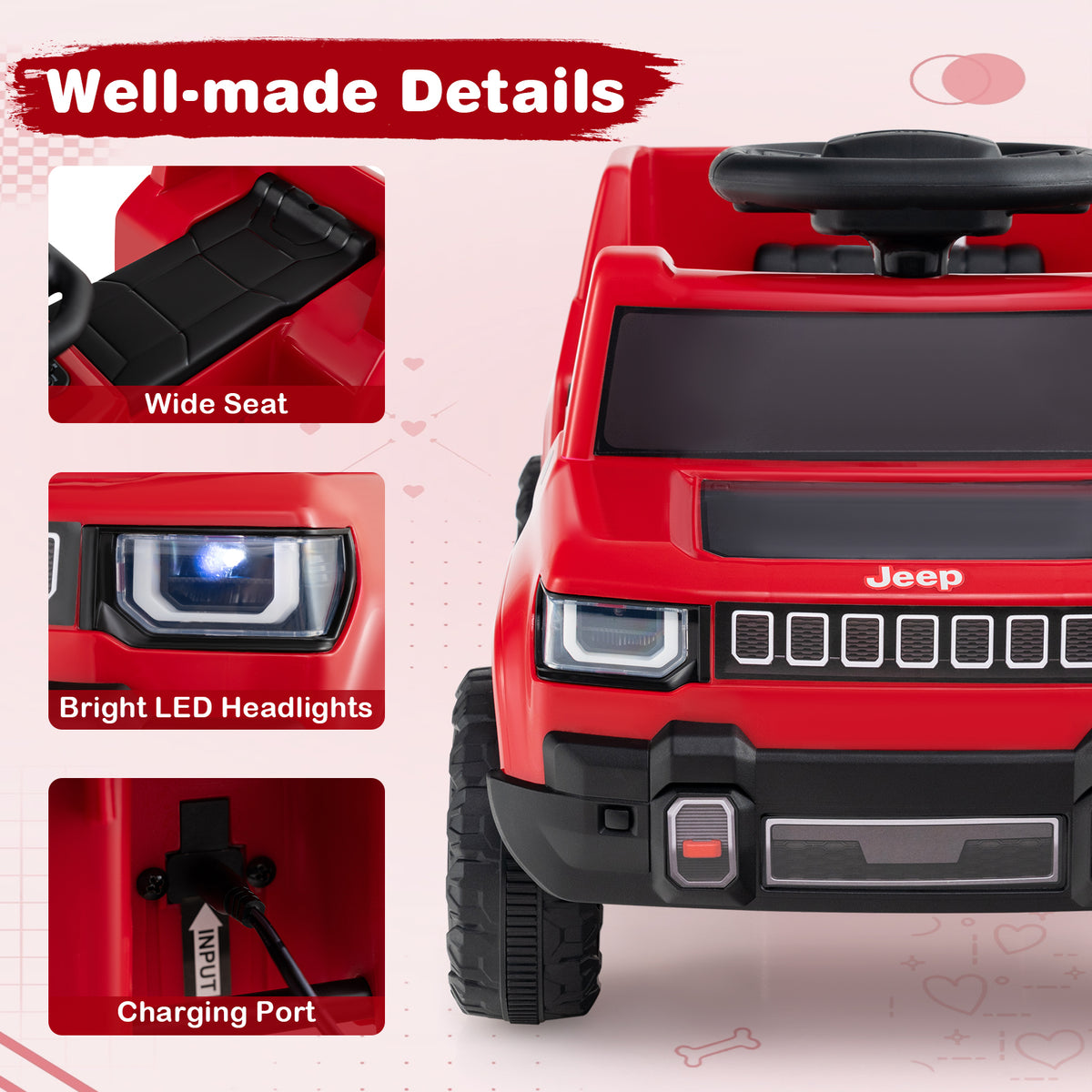 Close-up of the red kids electric car showing the wide seat, bright LED headlights and charging port