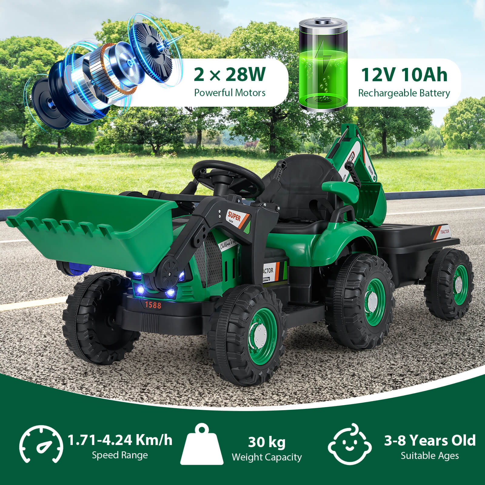 4-in-1 Ride on Tractor for Kids 12V with Remote Control and Trailer-Green