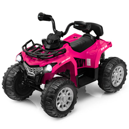 12V Electric Powered Quad Vehicle in bright pink with black handlebars and chunky treaded wheels