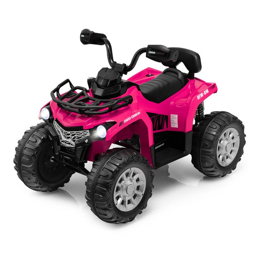 12V Electric Powered Quad Vehicle in bright pink with black handlebars and chunky treaded wheels