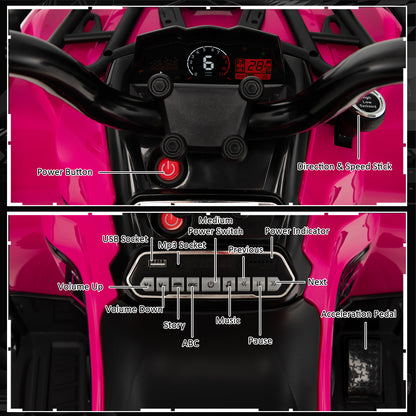 Close up of the kids electric car dashboard showing the power button and music control panel