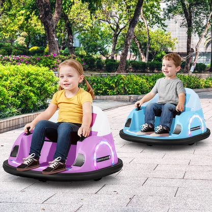 Two children enjoying a ride on pink and blue electric bumper cars in a park setting