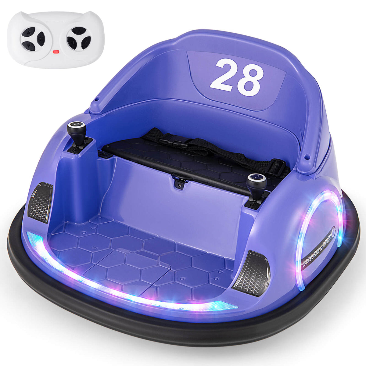 The kids electric car in purple shown with its white handheld remote control unit
