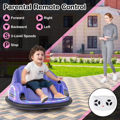 The kids electric car being operated by a child while an adult uses the remote control