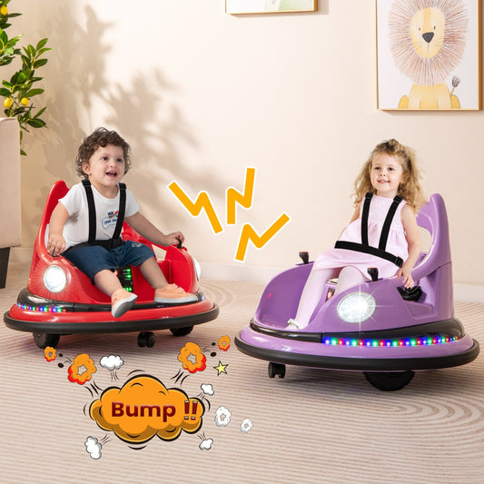 Two children playing with red and purple kids electric cars in a bright living room