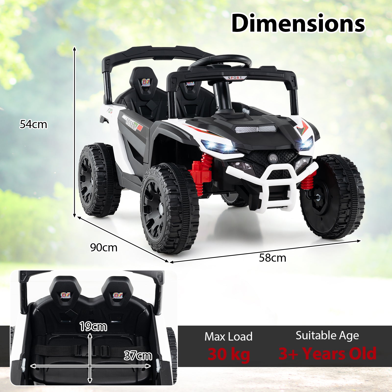 12V Kids Ride On Car Electric UTV with LED Lights and Music-White