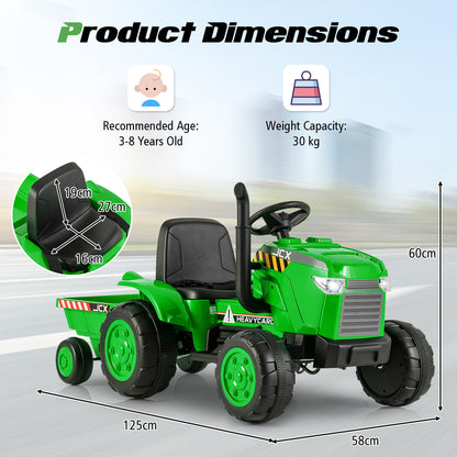 The green kids electric tractor showing overall height and length with a seat size inset