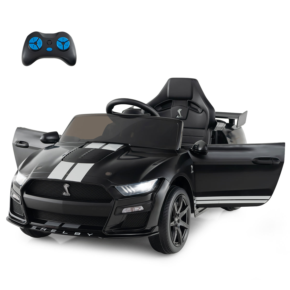 The black kids electric car with its doors open, showing the interior