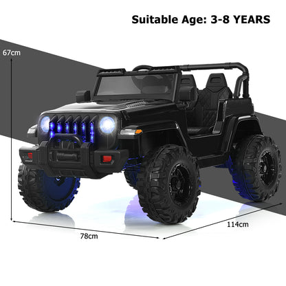 Black kids electric ride on truck with dimensions and age suitability displayed