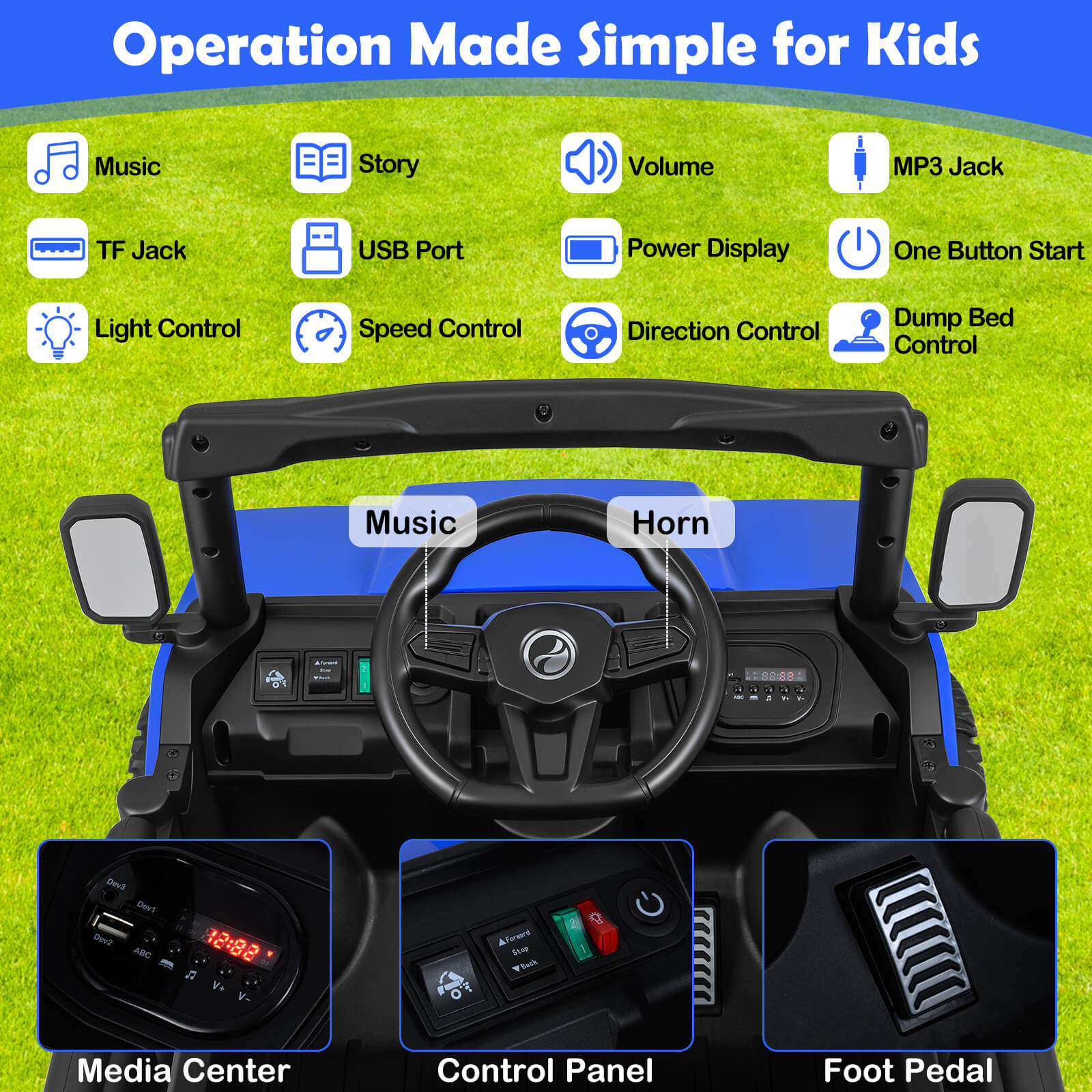 12V Ride on Dump Truck with Electric Dump Bed with Music and Remote Control-Blue