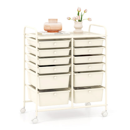 12 Drawers Rolling Storage Cart with 4 Wheels and Brakes-White