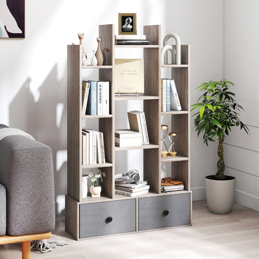 The wooden bookcase placed in a bright living room next to a grey sofa and a potted plant