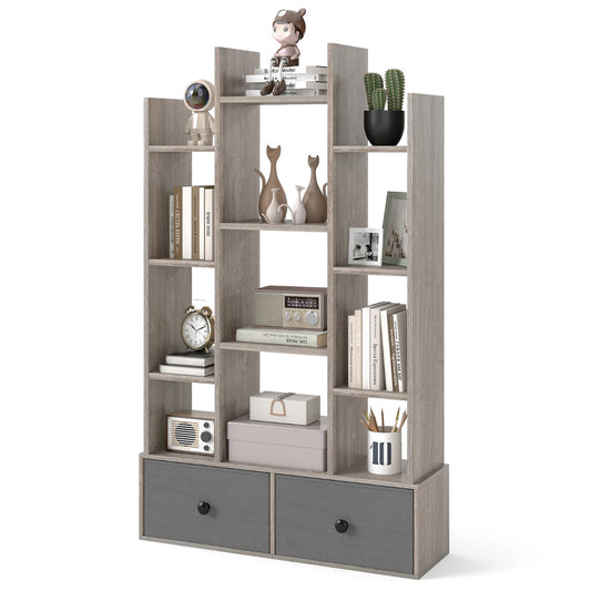 12-Tier Wooden Bookshelf with grey drawers filled with books and decorative items on a white background
