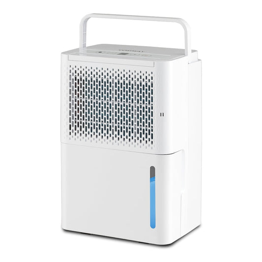 12L/Day Dehumidifier in white with a top handle and a clear water level indicator window