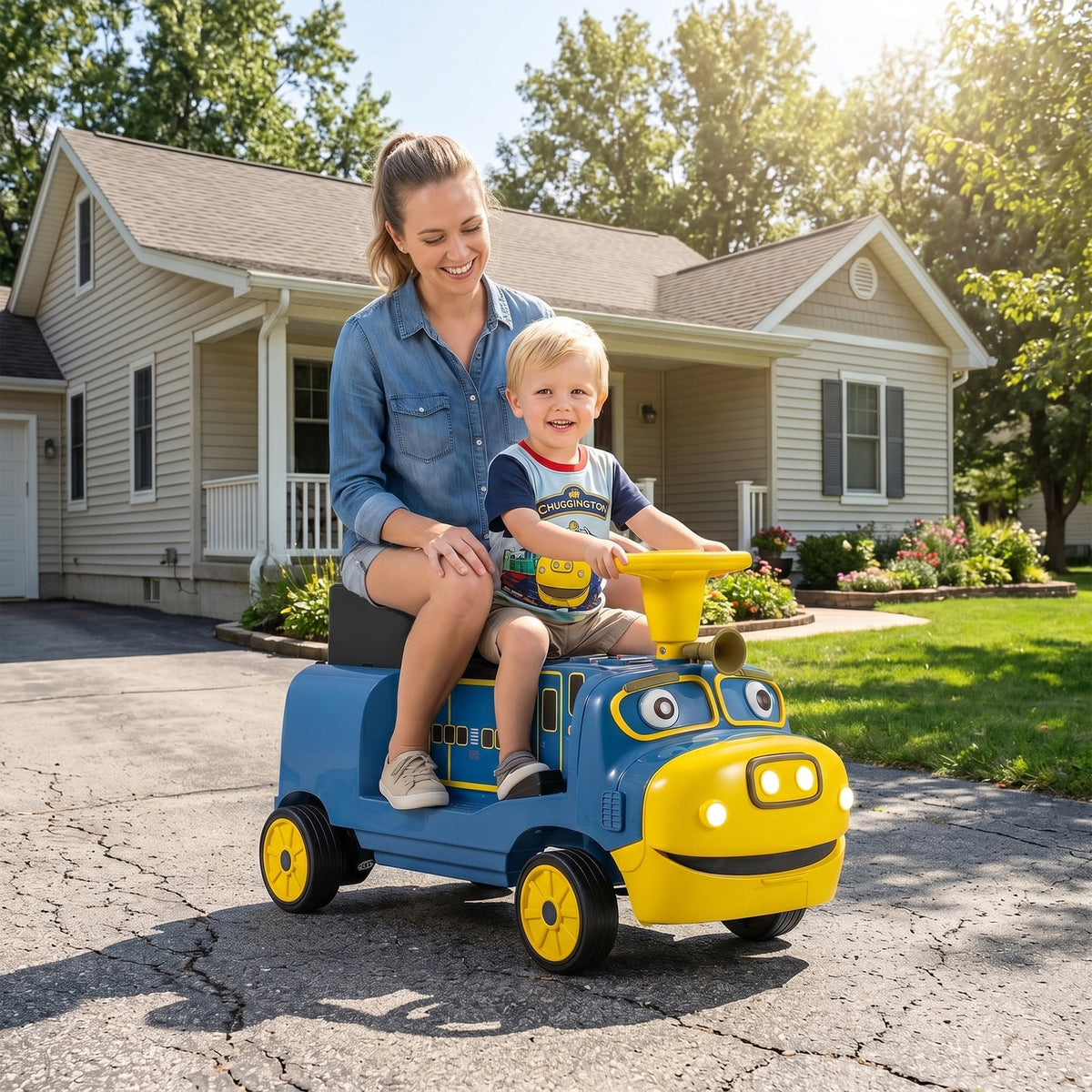 A woman and a young boy enjoying a ride on the blue Chuggington train in a suburban driveway
