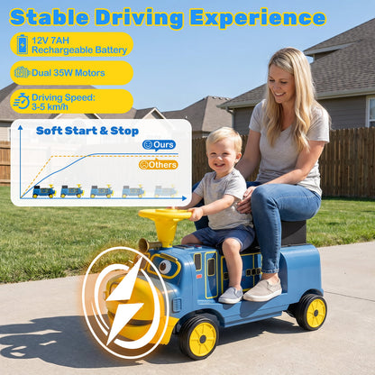 Graphic showing the stable driving experience of the blue Chuggington ride on train