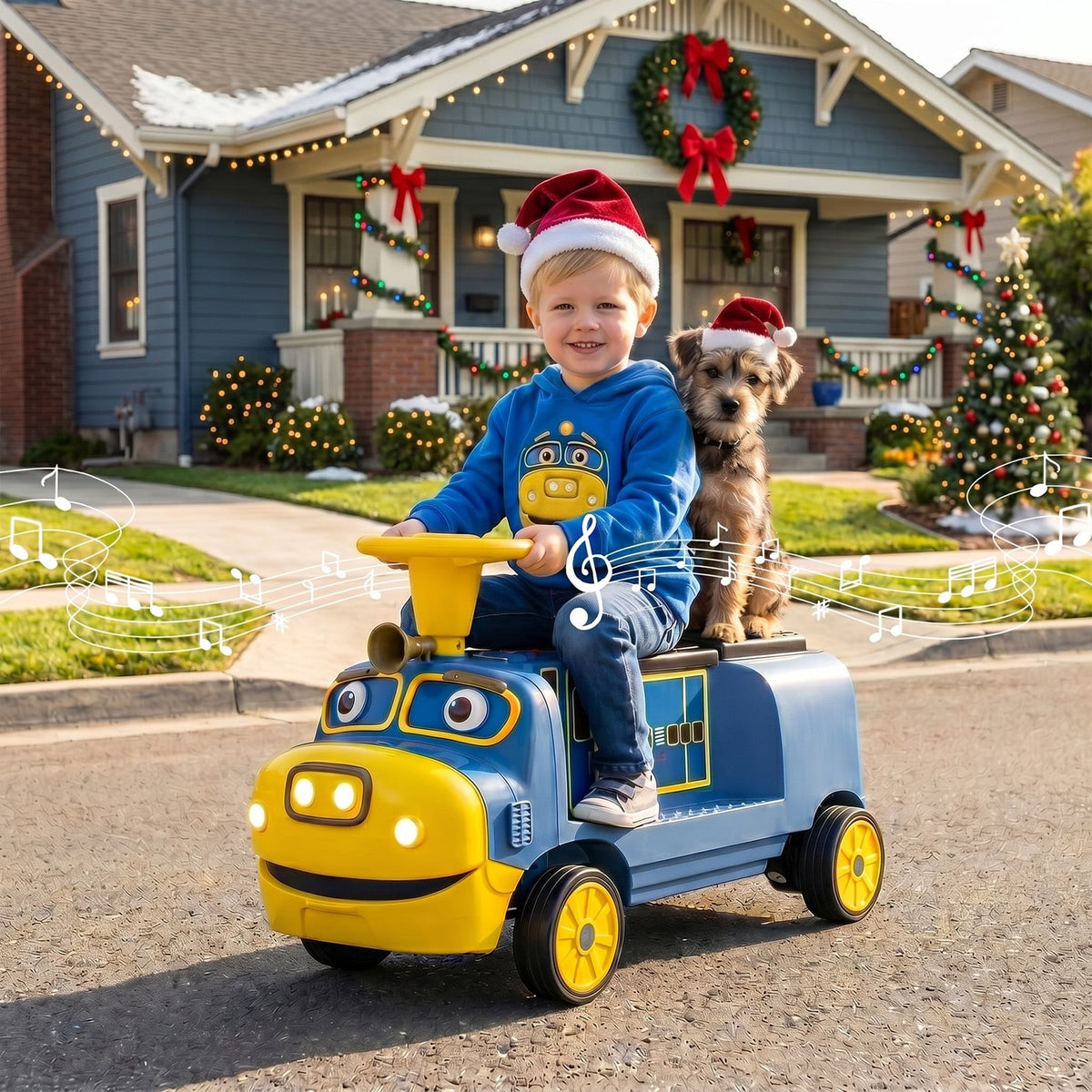 A boy and a puppy wearing Santa hats ride the blue Chuggington train with festive decorations