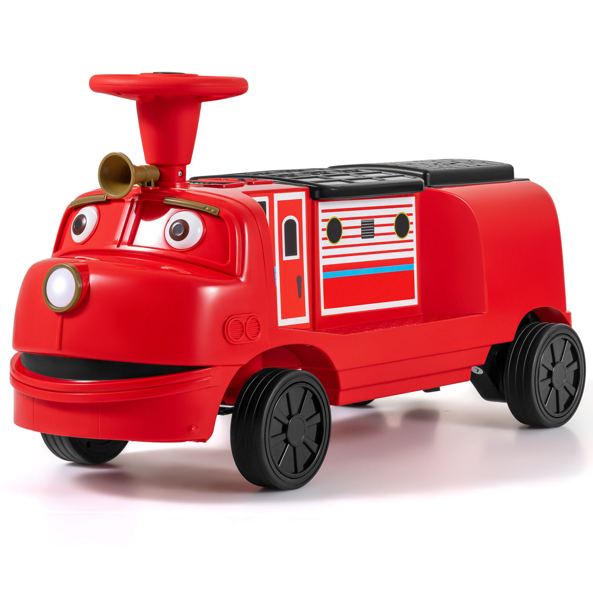 12V 2-Seater Ride on Train Licensed Chuggington in bright red with a steering wheel and black wheels